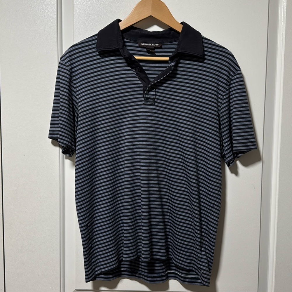 Michael Kors black/white/blue striped cotton SS polo size medium